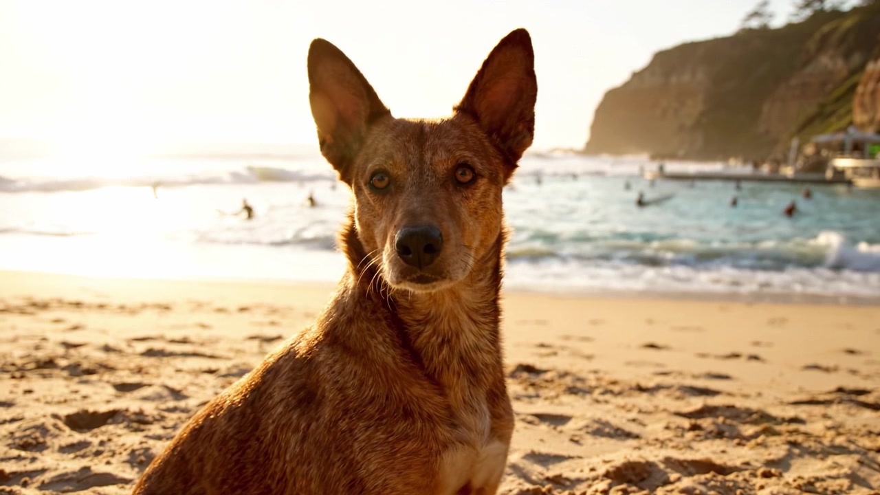 Um Retrato Deslumbrante de um Cão Desfrutando da Praia ao Pôr do Sol, Capturando a Alegria e a Serenidade de um Dia Perfeito à Beira-Mar com Pessoas e Ondas ao Fundo