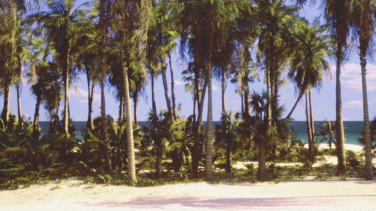 Tropical beach landscape with palm trees and clear blue sky on sunny day