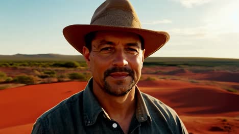 man in a hat smiling in the desert