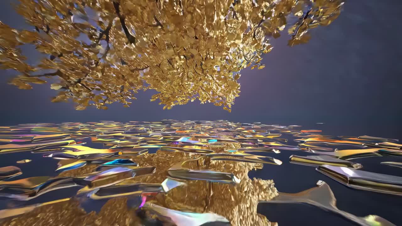 A surreal video scene with a low-angle view of metallic, reflective surfaces under a golden tree