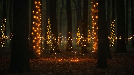enchanting glowing lights transform a forest landscape into a magical realm, captivating with their warm ambiance and sparkling presence among the trees