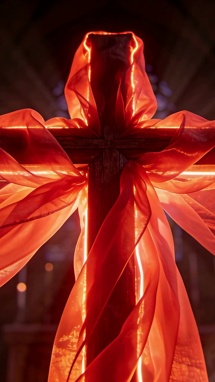 Vertical video: Brightening backlight causing wooden cross glowing at church altar, with red fabric