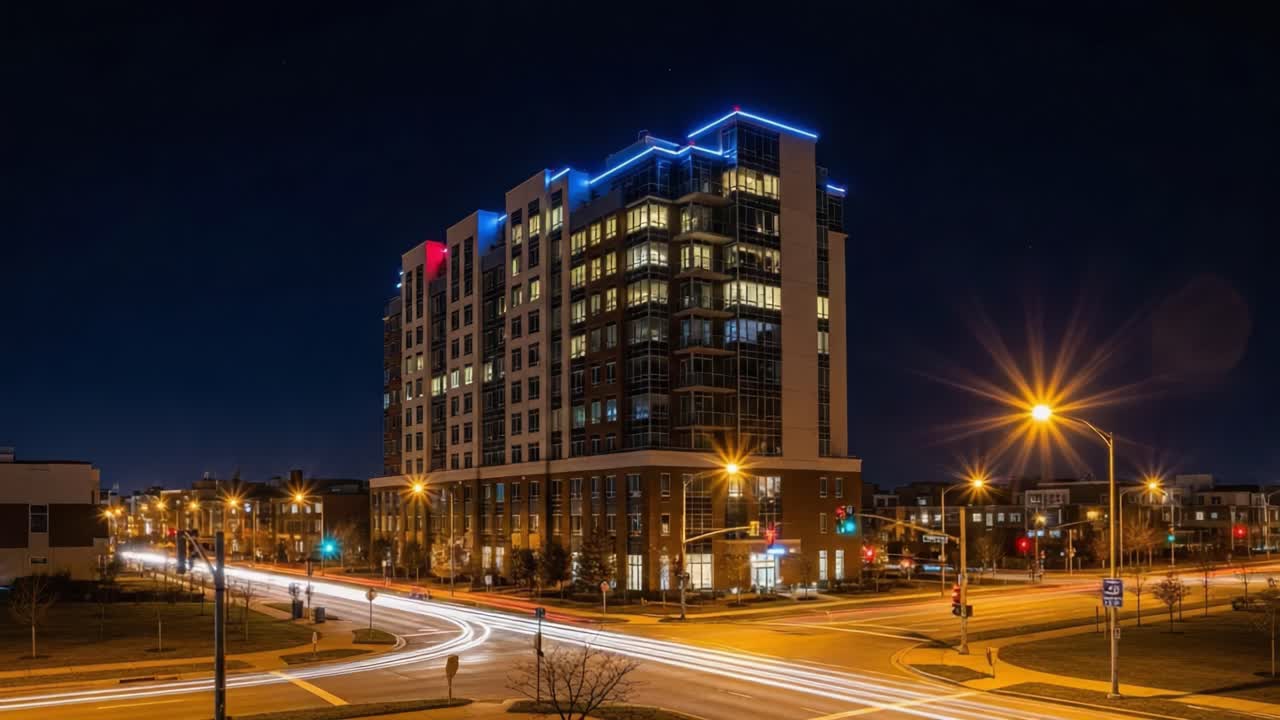 Modern Building and City Street at Night with Light Trails