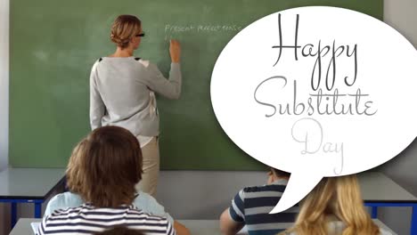 animation of happy substitute day text over schoolchildren with cauacasian female teacher