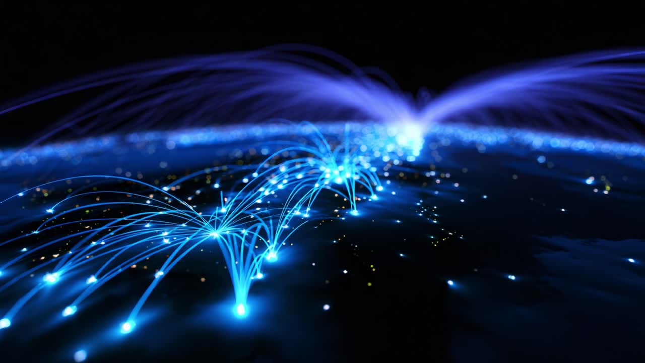 An immersive visual representation of interconnected digital networks, showcasing vibrant blue light trails dynamically flowing across a stylized global map, symbolizing data transfer and global connectivity