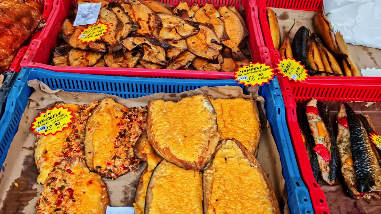 Smoked fish for sale, Mackerel basa fillet white meat cooked presentation in shop