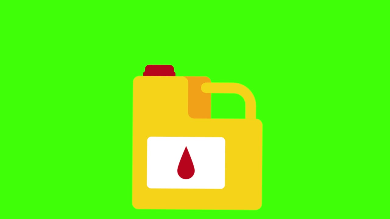 2D animated illustration of a yellow container with a red drop on a green screen