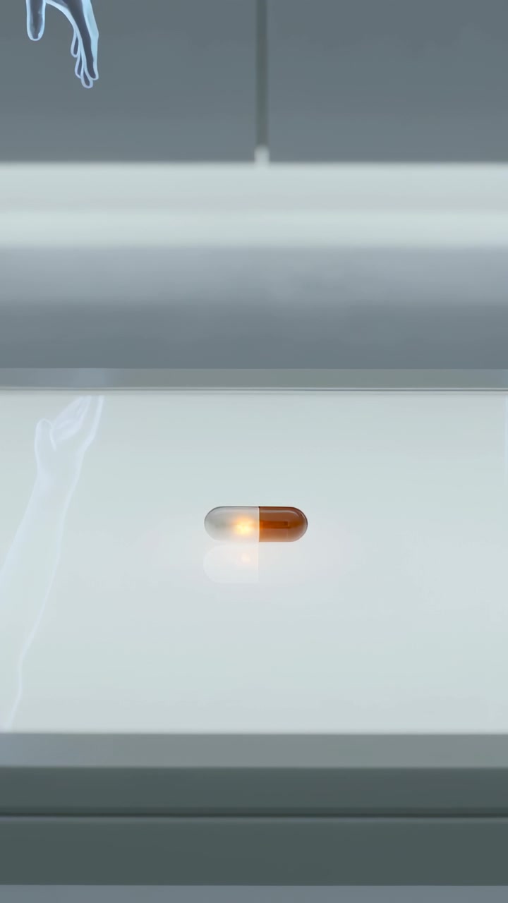 Video verticale: Capsula pulsante che genera ologrammi di mani ciano che scendono sopra il banco di laboratorio per un test.