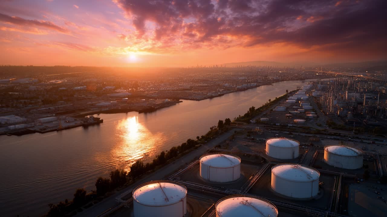 Aerial View of Industrial Tanks and River at Sunset with Dynamic Cloud Formation and Reflective Water Surface in Tranquil Industrial Landscape