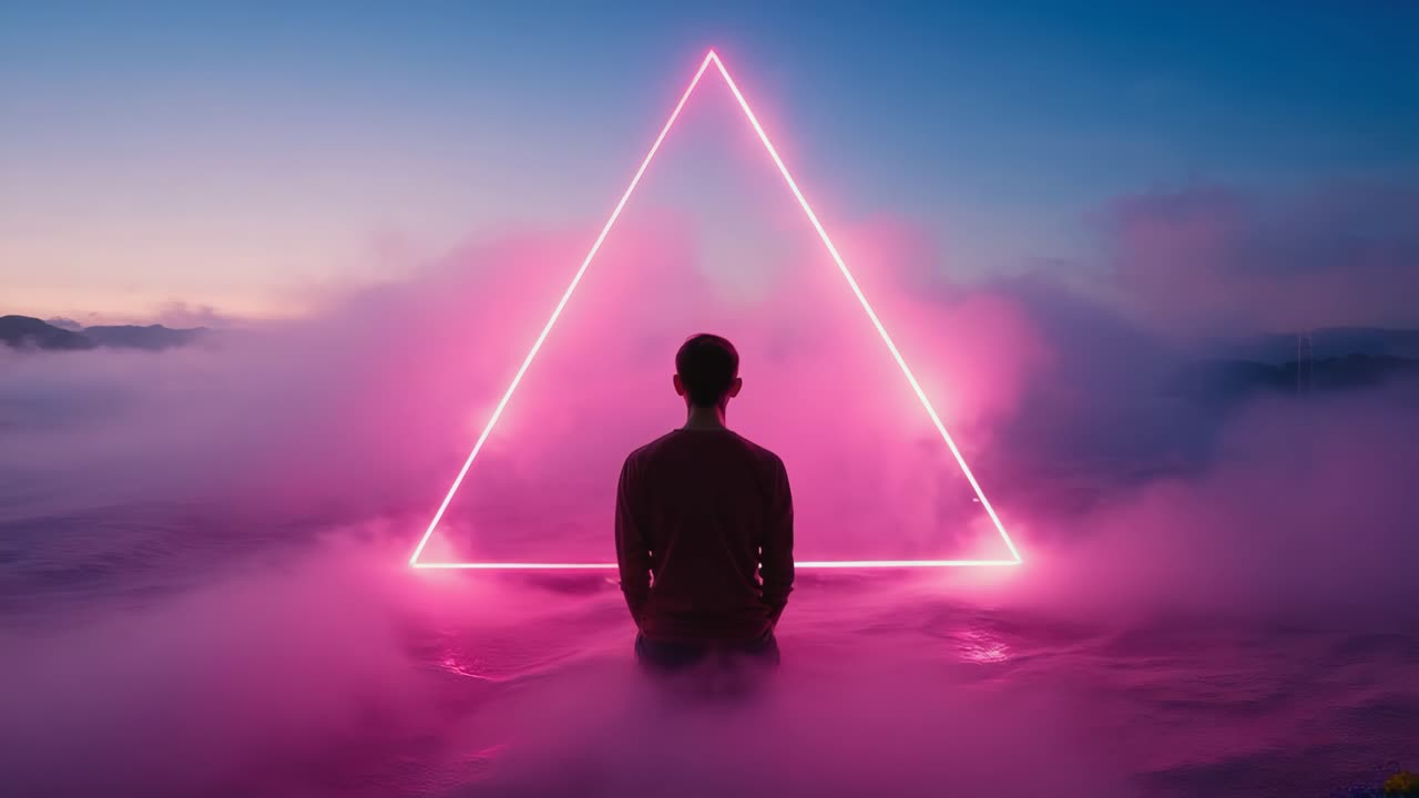 Person in front of neon triangle in fog