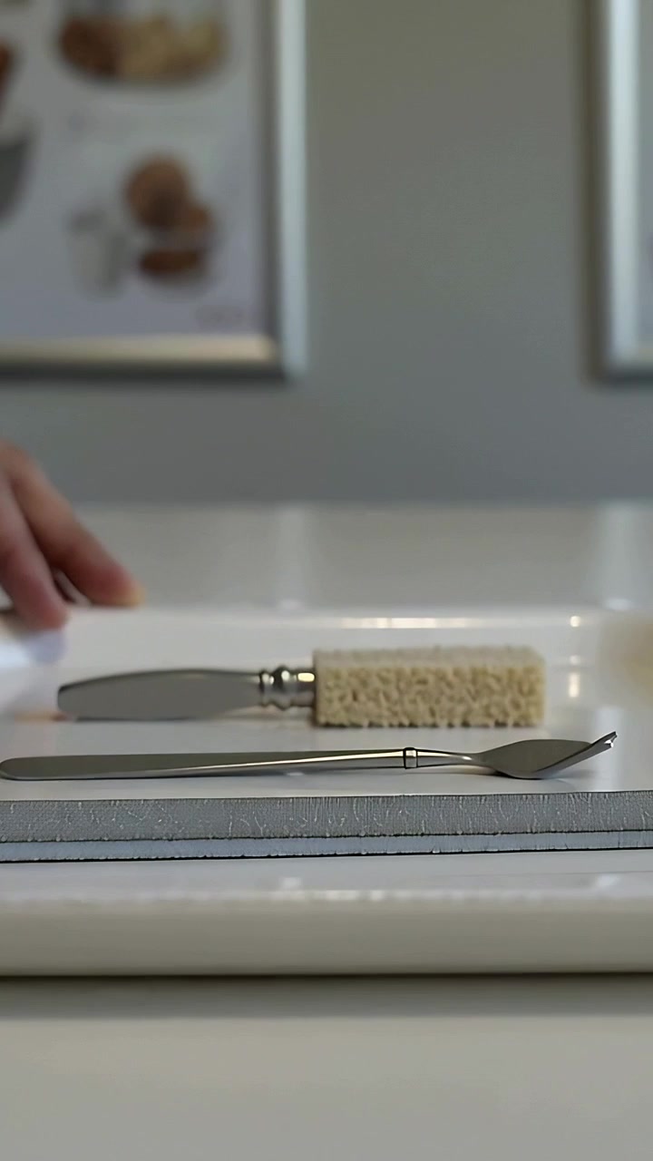 Vertical video: Reaching from left hands placing, aligning spoon knife pad block on counter for use