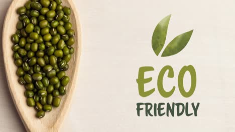 Animation-of-eco-friendly-text-in-green-over-fresh-organic-green-sprouts-on-wooden-boards