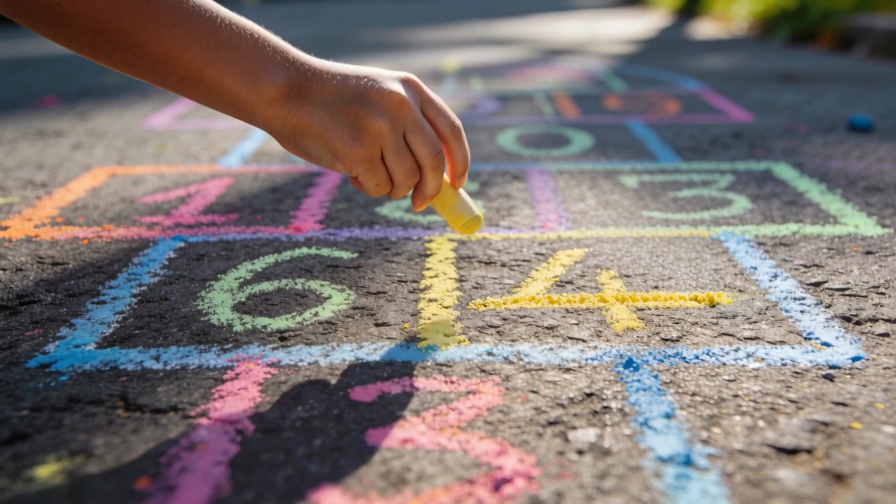 Une main d'enfant, tenant une craie jaune, dessine le chiffre quatre sur un trottoir pavé pour compléter la grille de la marelle.