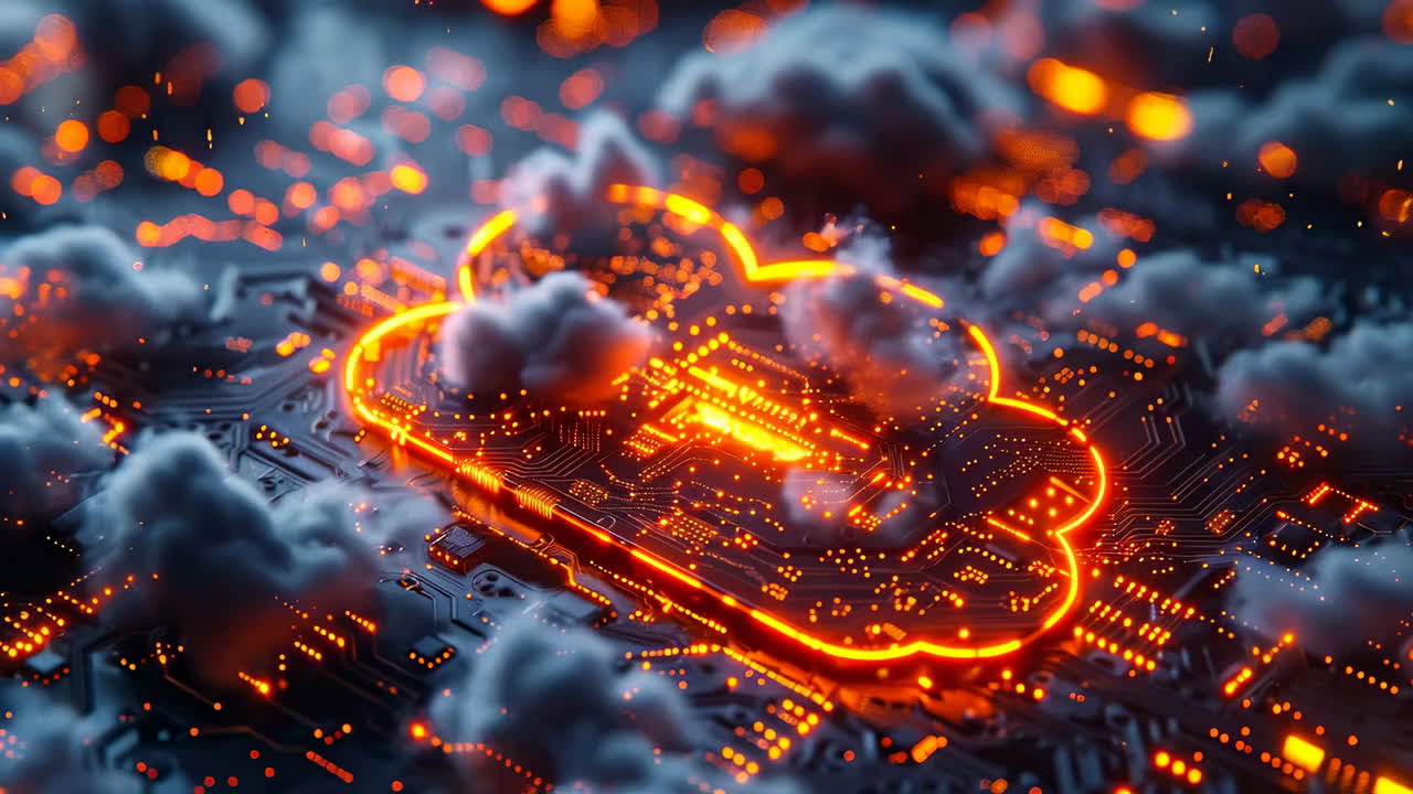Glowing circuitry cloud network. A vibrant digital cloud sits above detailed circuitry, glowing brightly in orange against a dark, tech backdrop