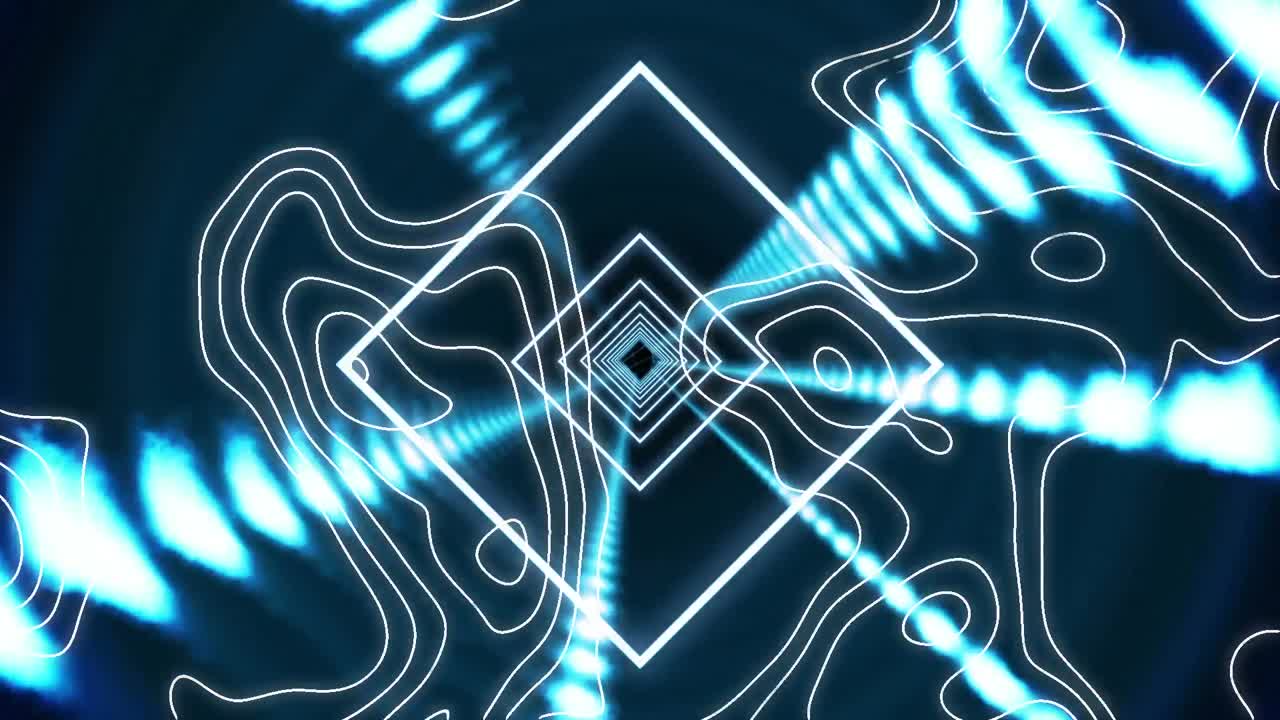 Animation of white lines, glowing diamonds spinning in tunnel of glowing lights