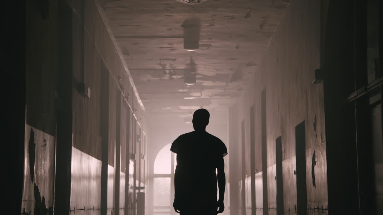 A bald man walks on the empty hospital corridor at night