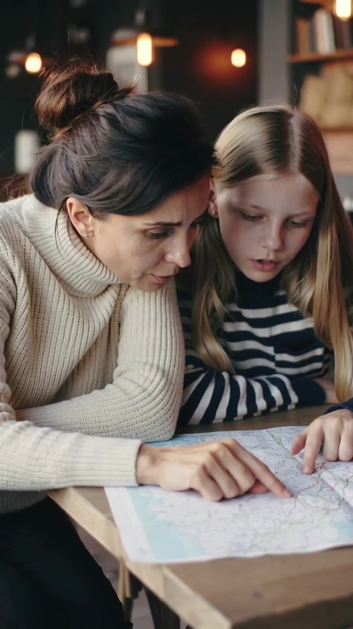 Video verticale: Madre che indica e guida la figlia mentre traccia un percorso su una mappa piegata a casa per pianificare un viaggio.