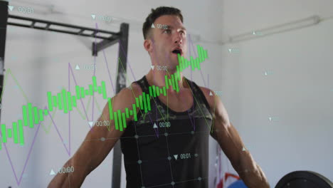 animación de seguimiento de datos de fitness sobre un hombre haciendo ejercicio en el gimnasio