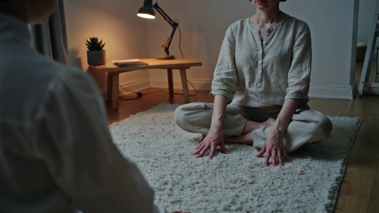 Siddende kvinde i linnedtop placerer håndfladerne på stuetæppet og starter guidet vejrtrækning, tændt lampe.