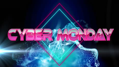 animación del banner de texto de cyber monday contra la onda digital y el punto de luz contra el fondo negro.