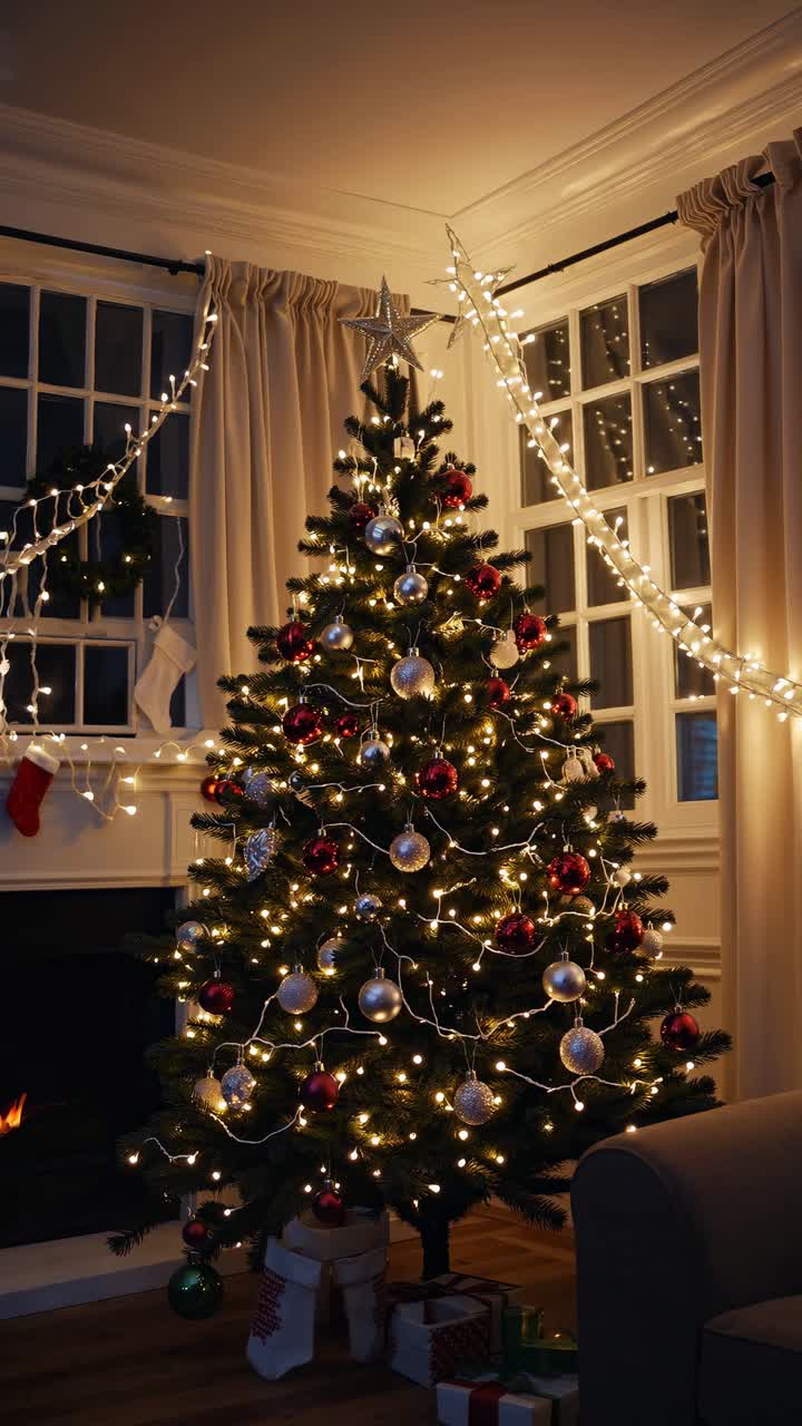 Cozy Christmas scene with a decorated tree in a warmly lit room. Shot from a low angle, perfect