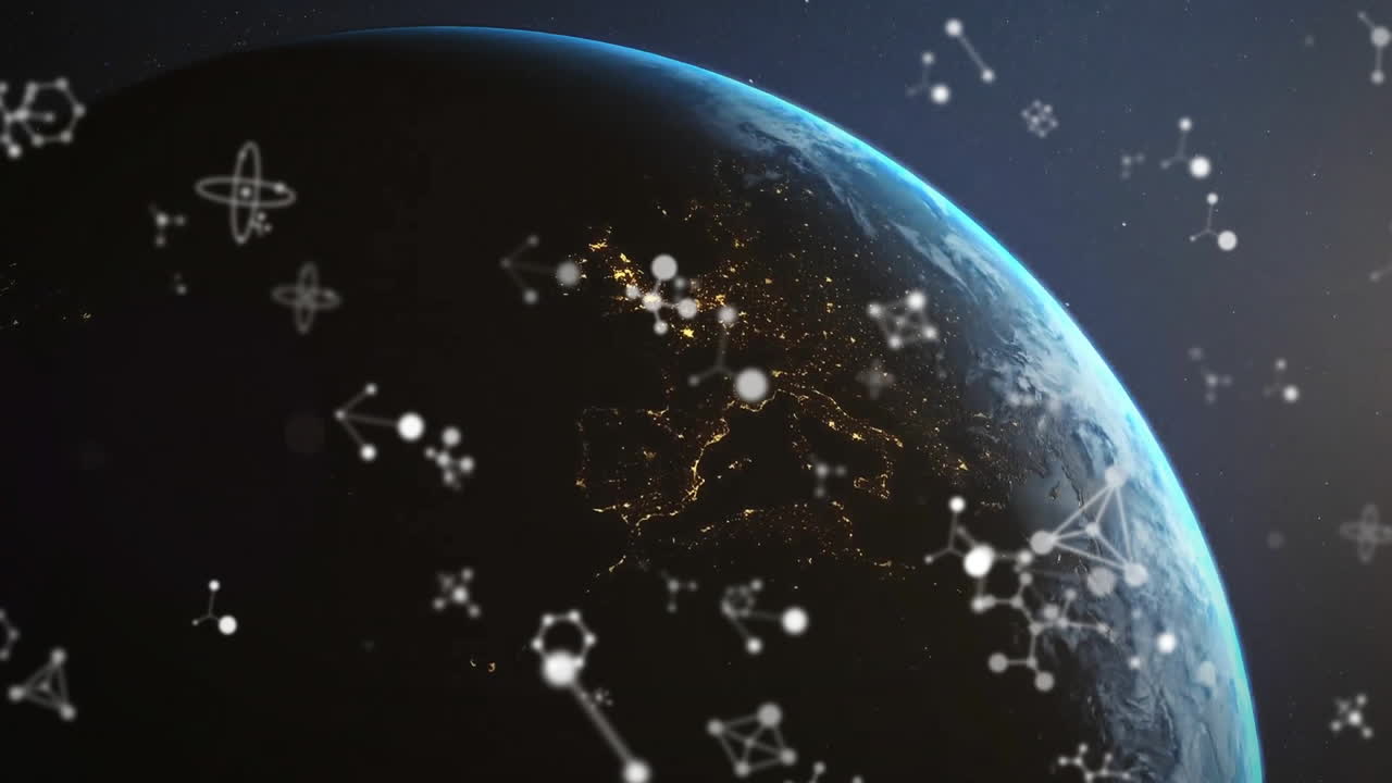 Animation of white communication networks and globe on dark background