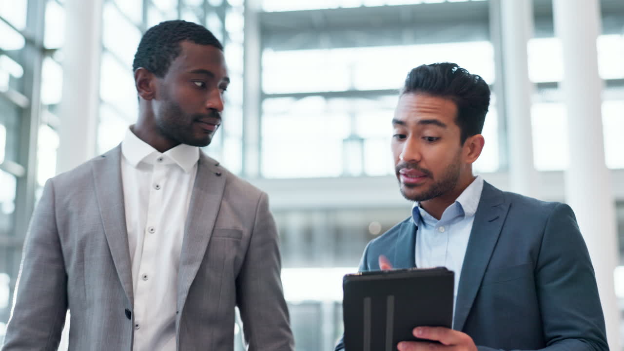 Business people, walking and tablet for advice