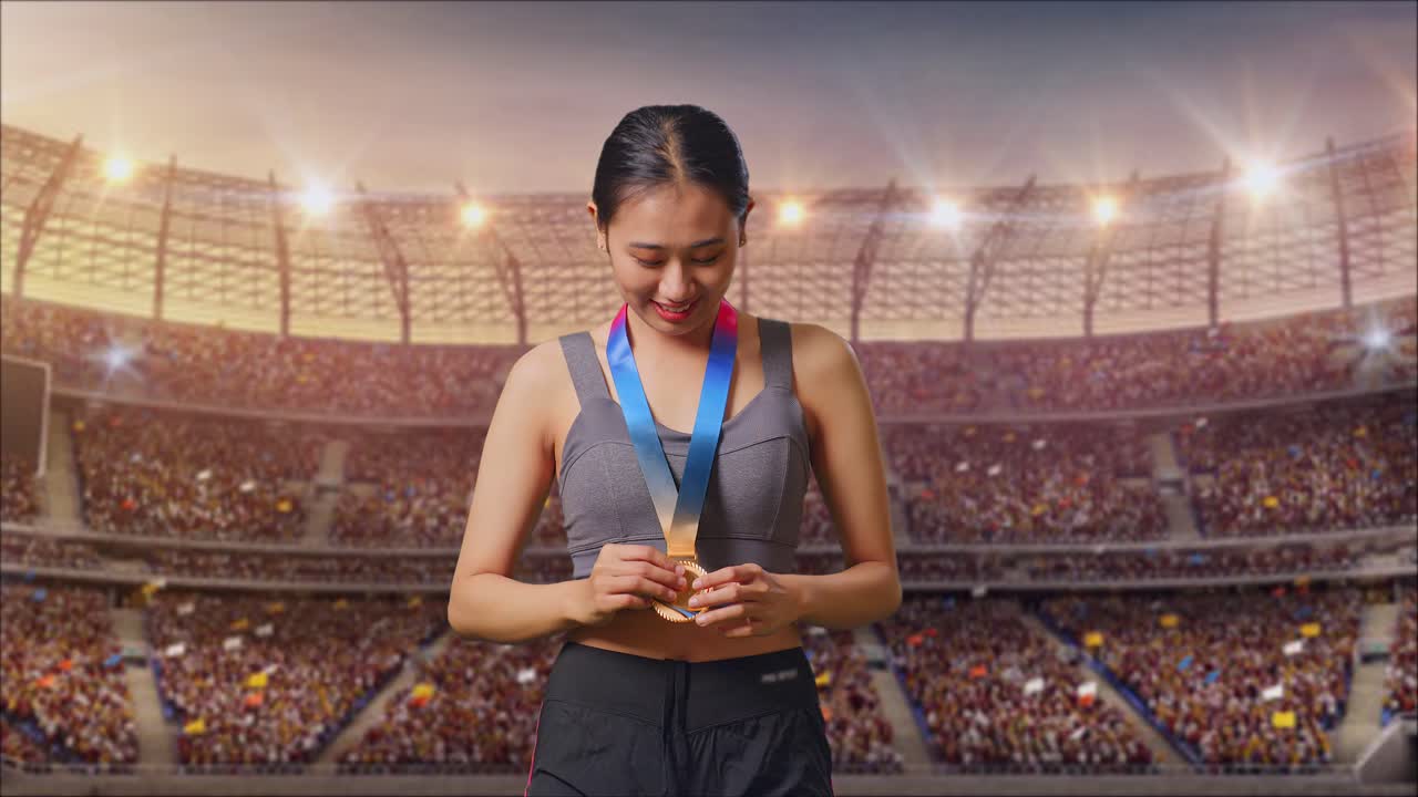 Woman with Gold Medal in Stadium