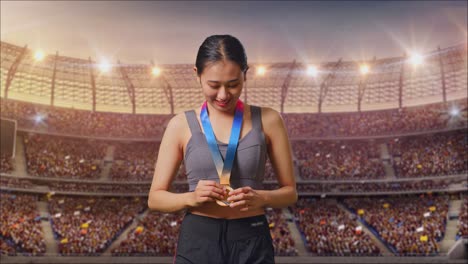 woman with gold medal in stadium