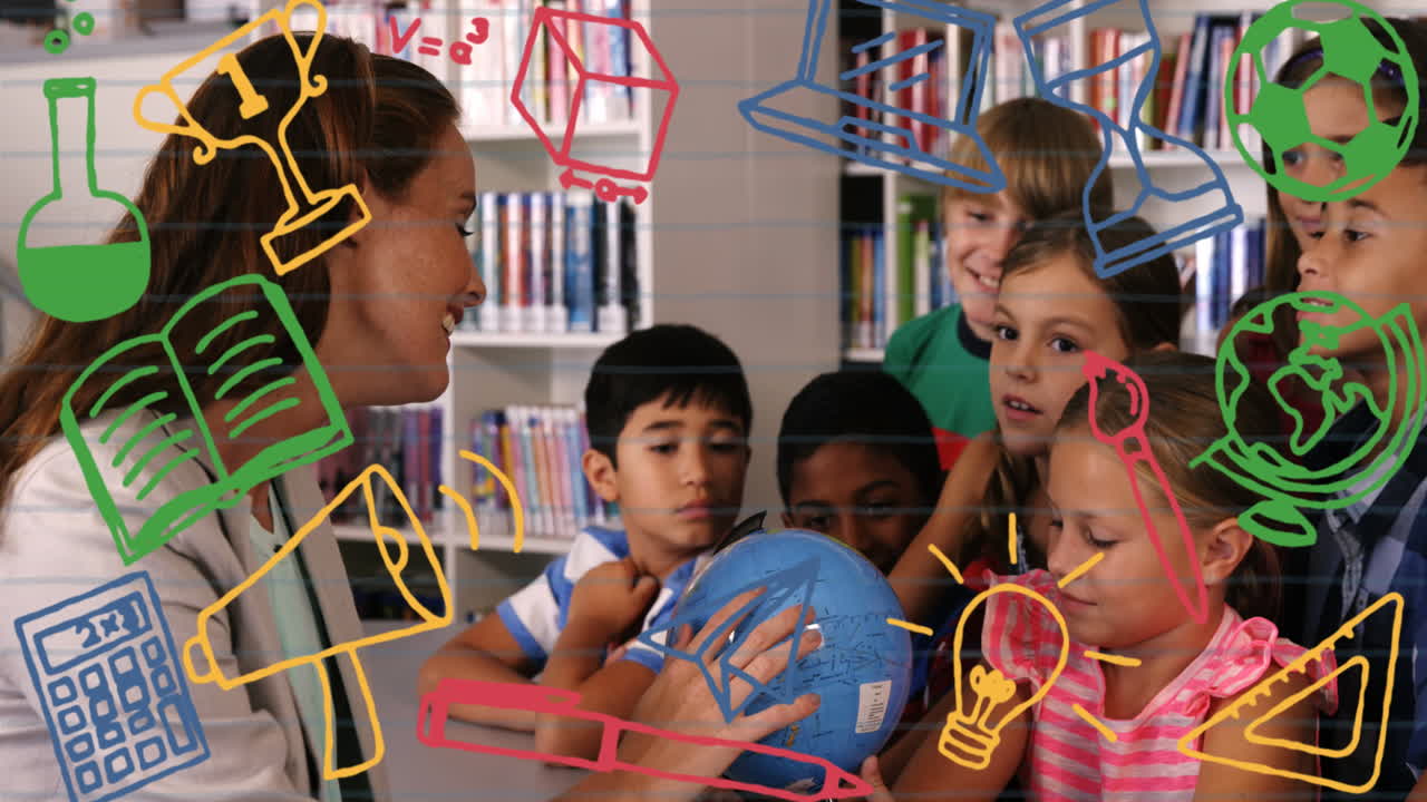 animación de iconos escolares sobre diversos escolares