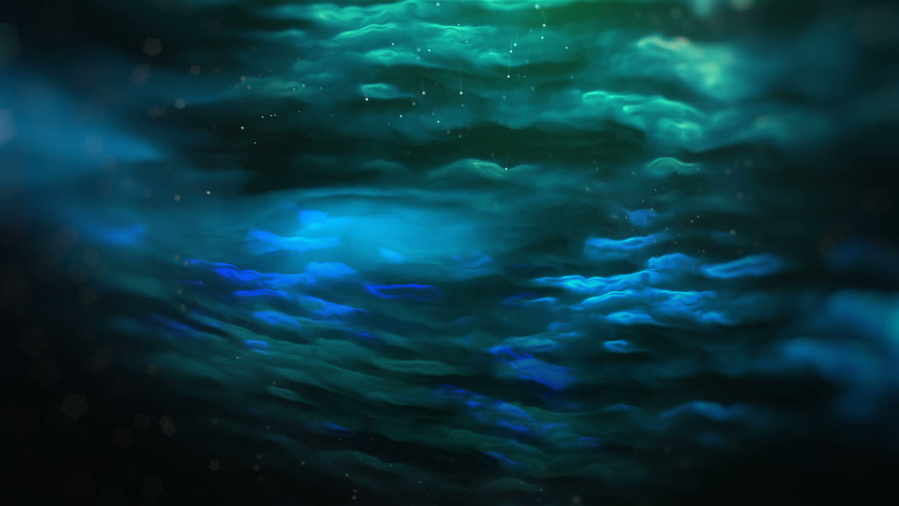 Ethereal Blue Green Fluid Motion with Shimmering Particles