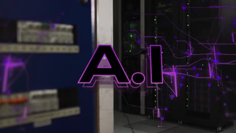 animation of ai text and network of connections over server room