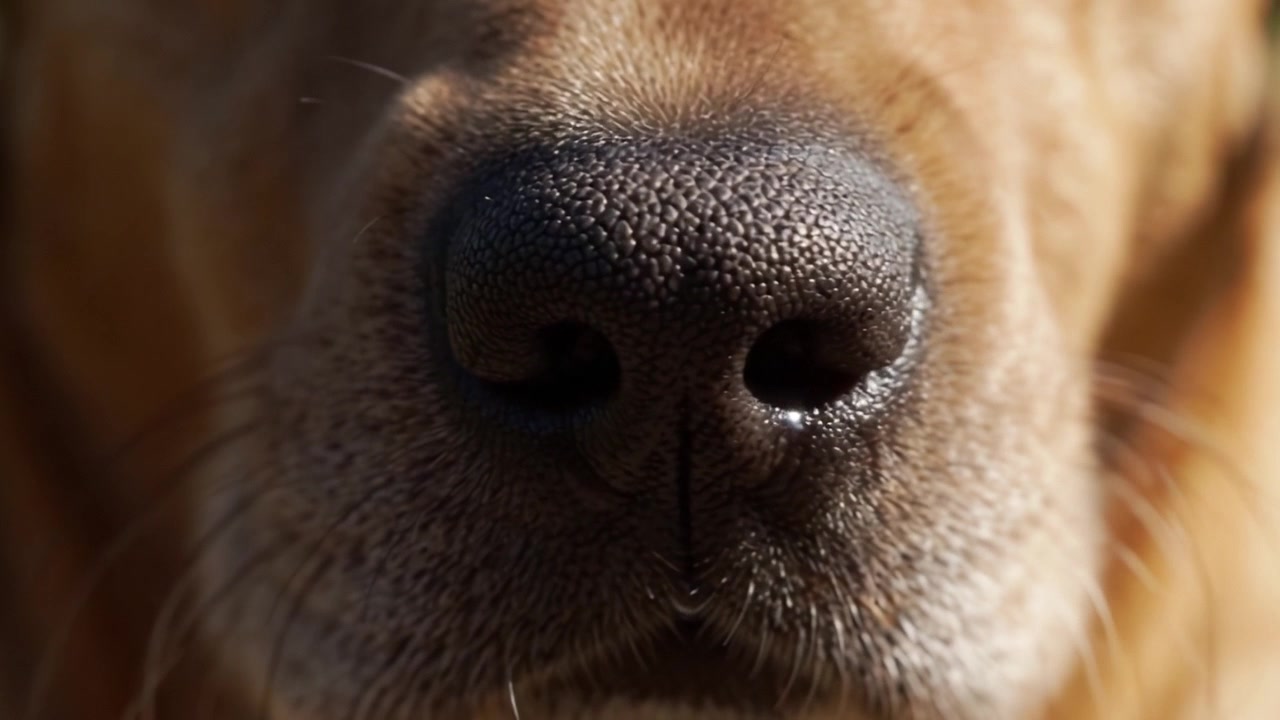 Güneşli bir dış mekan sahnesinde köpeğin burnuna yakın çekim odak, tüyünün karmaşık detaylarını ve dokusunu yakalayan.