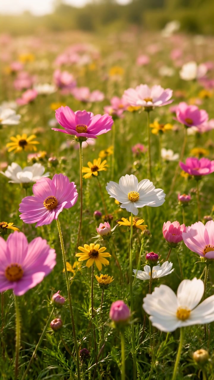 Vista ravvicinata di fiori di cosmo rosa e bianchi con accenti di margherite gialle in un prato illuminato dal sole, petali in primo piano nitidi, steli verdi, sfocatura dello sfondo morbida, bokeh naturale, colore caldo e sereno