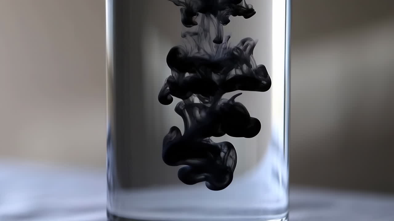 Black Ink Diffusing in Water in a Glass
