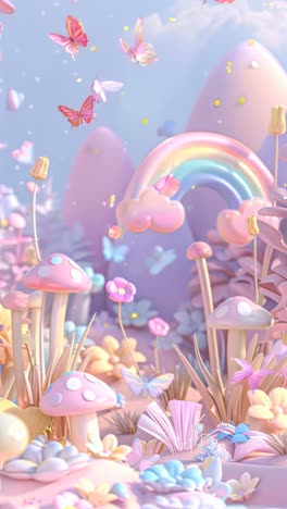 whimsical video scene with pastel fantasy landscape, featuring butterflies, mushrooms