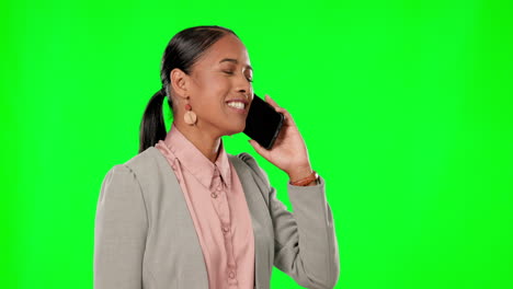 phone call, green screen and woman talking