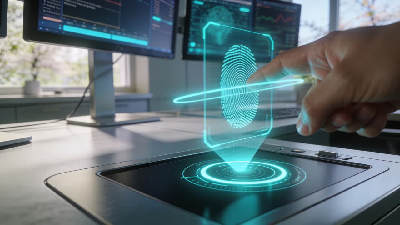 Reaching right hand aligning and pressing cyan print hologram forming at desk scanner for access