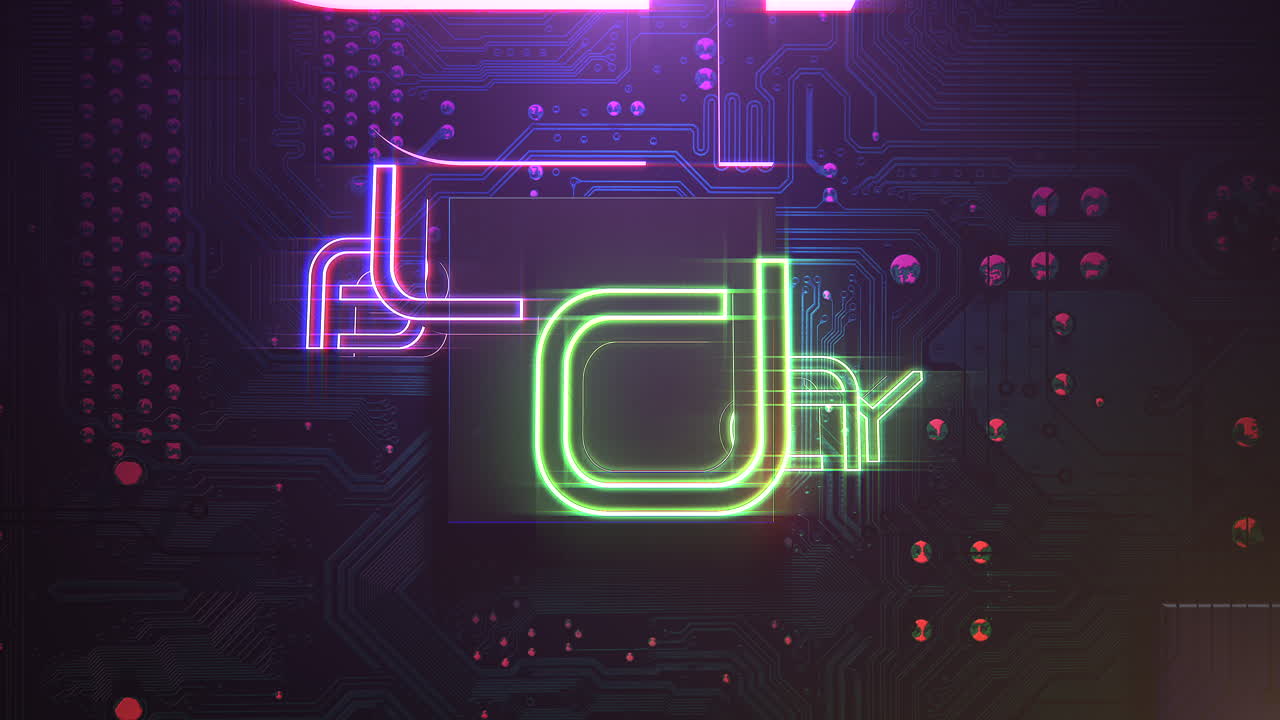 컴퓨터 칩과 네온 불빛이 있는 애니메이션 소개 텍스트 블랙 프라이데이 및 사이버펑크 애니메이션 배경