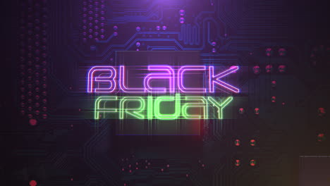 texto de introducción de animación viernes negro y fondo de animación cyberpunk con chip de computadora y luces de neón