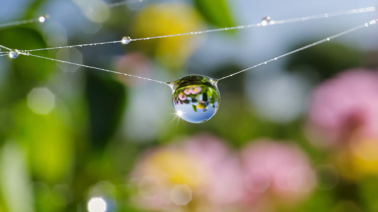 Delicate Water Droplet on Spiderweb Reflecting Colorful Flowers