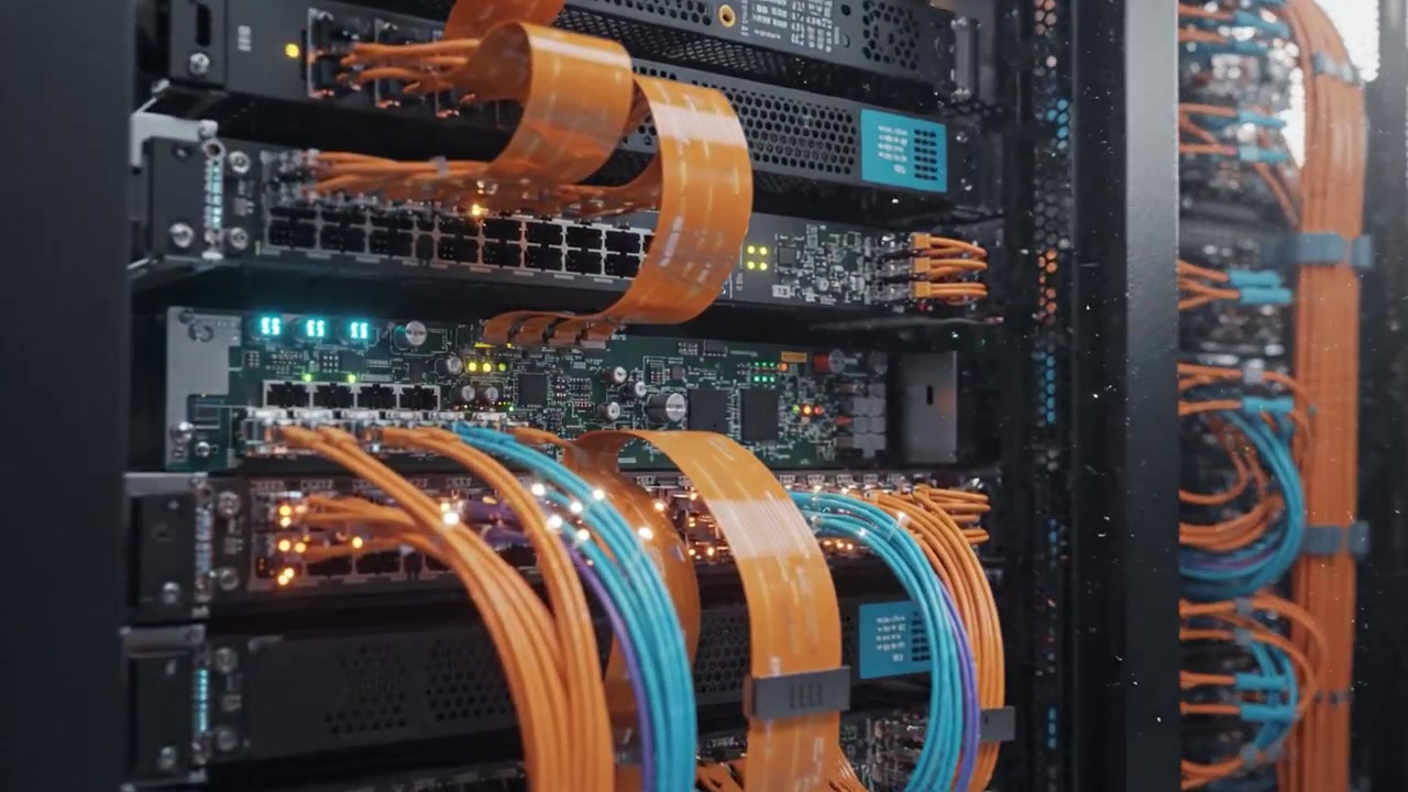 Dynamic Data Center Infrastructure Showcasing Advanced Server Racks with Bright LED Indicators and Colorful Cable Management in a High-Tech Environment