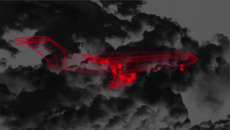 3d airplane technical drawing with lightnings striking over dark clouds