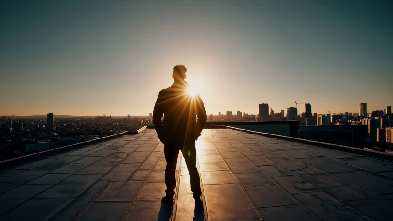 Silhouette of a Man Standing on a Rooftop Overlooking a City Skyline at Sunset