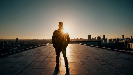 silhouette of a man standing on a rooftop overlooking a city skyline at sunset