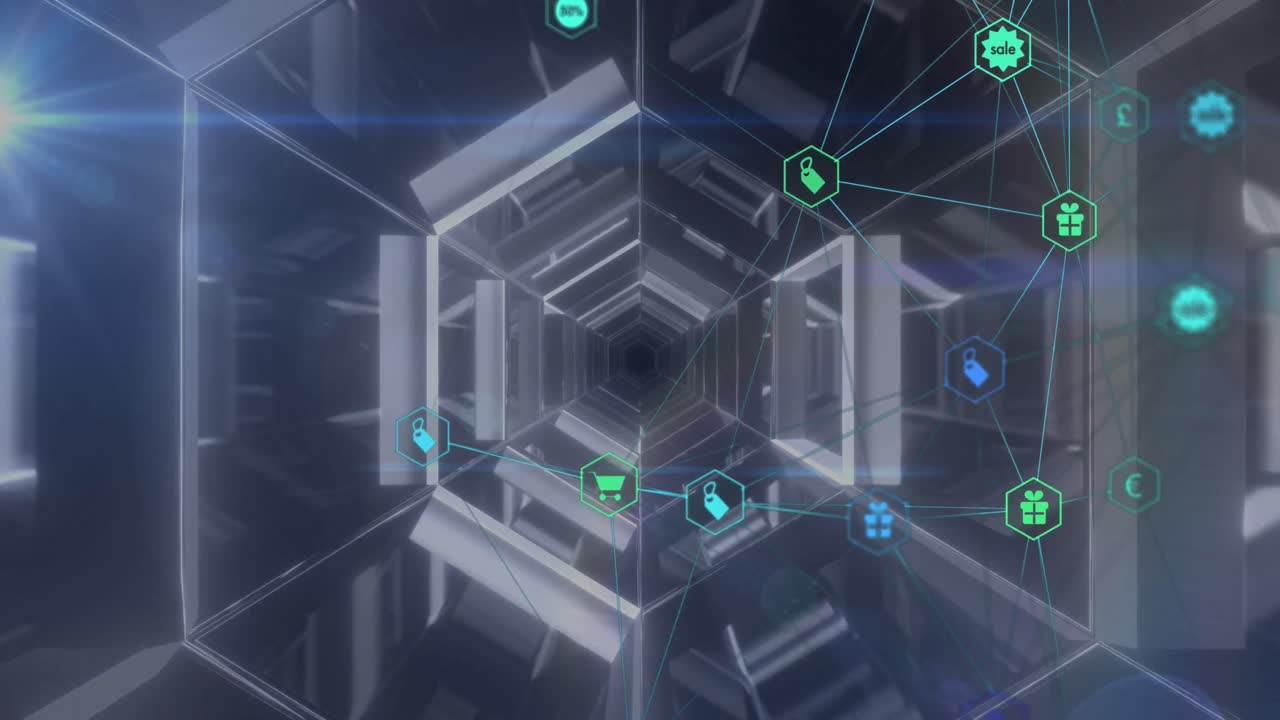 빛나는 터널을 배경으로 디지털 아이콘의 세계