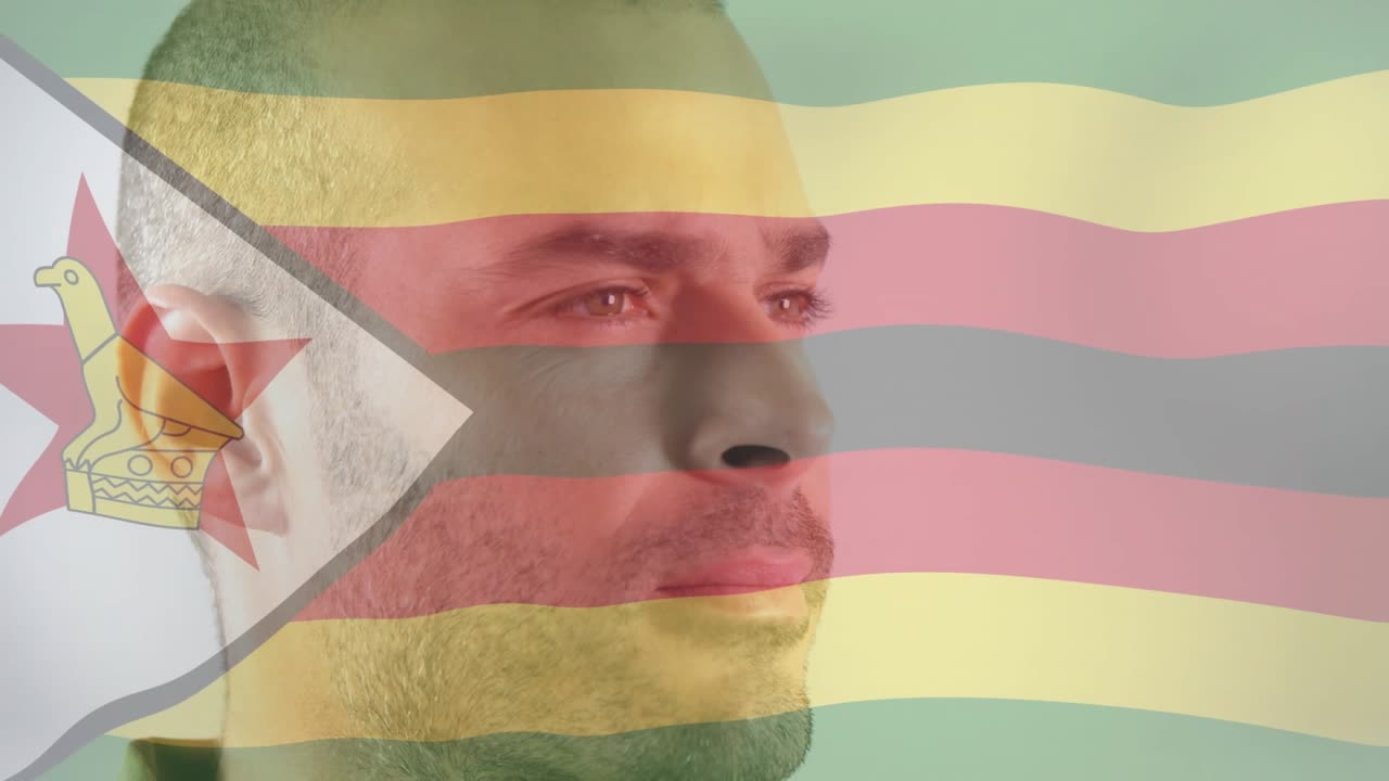 Camo-clad man adjusting grip, camera panning zooming revealing resolve with Zimbabwean flag overlay