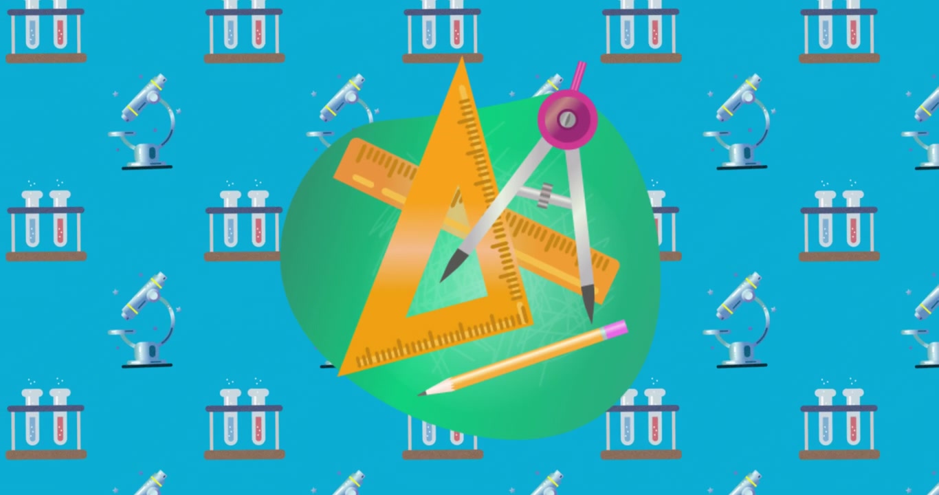 Animación de elementos de geometría escolar e iconos de química sobre fondo azul