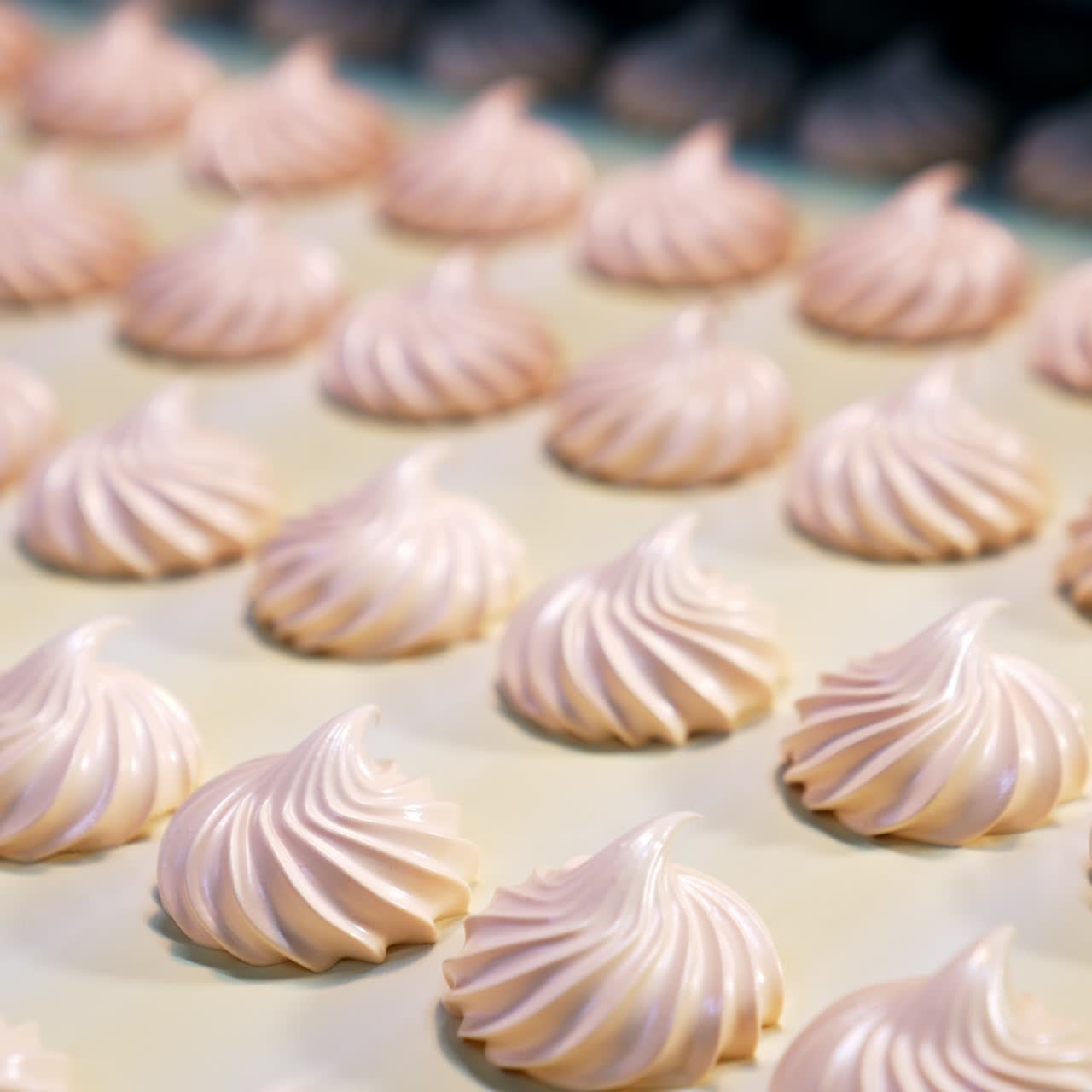 Marshmallow candies appearing from the automation line on food factory. Delicious desserts close on blurred background