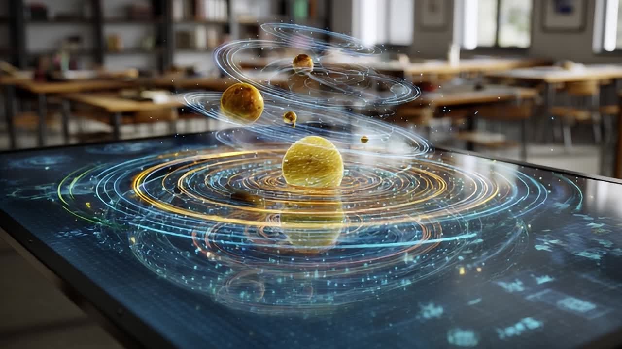 Solar system model displayed on interactive touch table in classroom